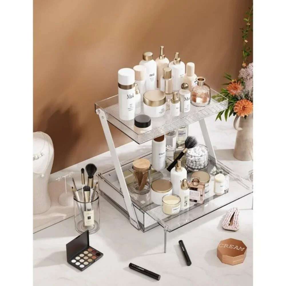 New Z-Shaped 2-Tier Makeup Organizer with Sliding Tray & Drawer for Vanity